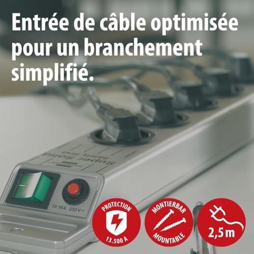 Marque Brennenstuhl Multiprise Super-Solid argenté, 8 prises, parasurtenseur, 2,5m de câble (1|500A), sécurité maximale
