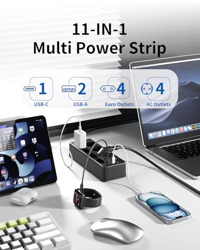Multiprise Avec USB pour Bureau et Maison - 8 P transformers CA + 2 USB A + 1 USB C - Protection Contre la Surprise - 3 