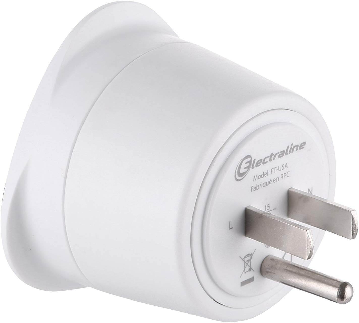 Electraline 70054 Adaptateur de voyage France 2 broches vers 3 broches USA, Blanc - Adapteur électrique voyage France ve