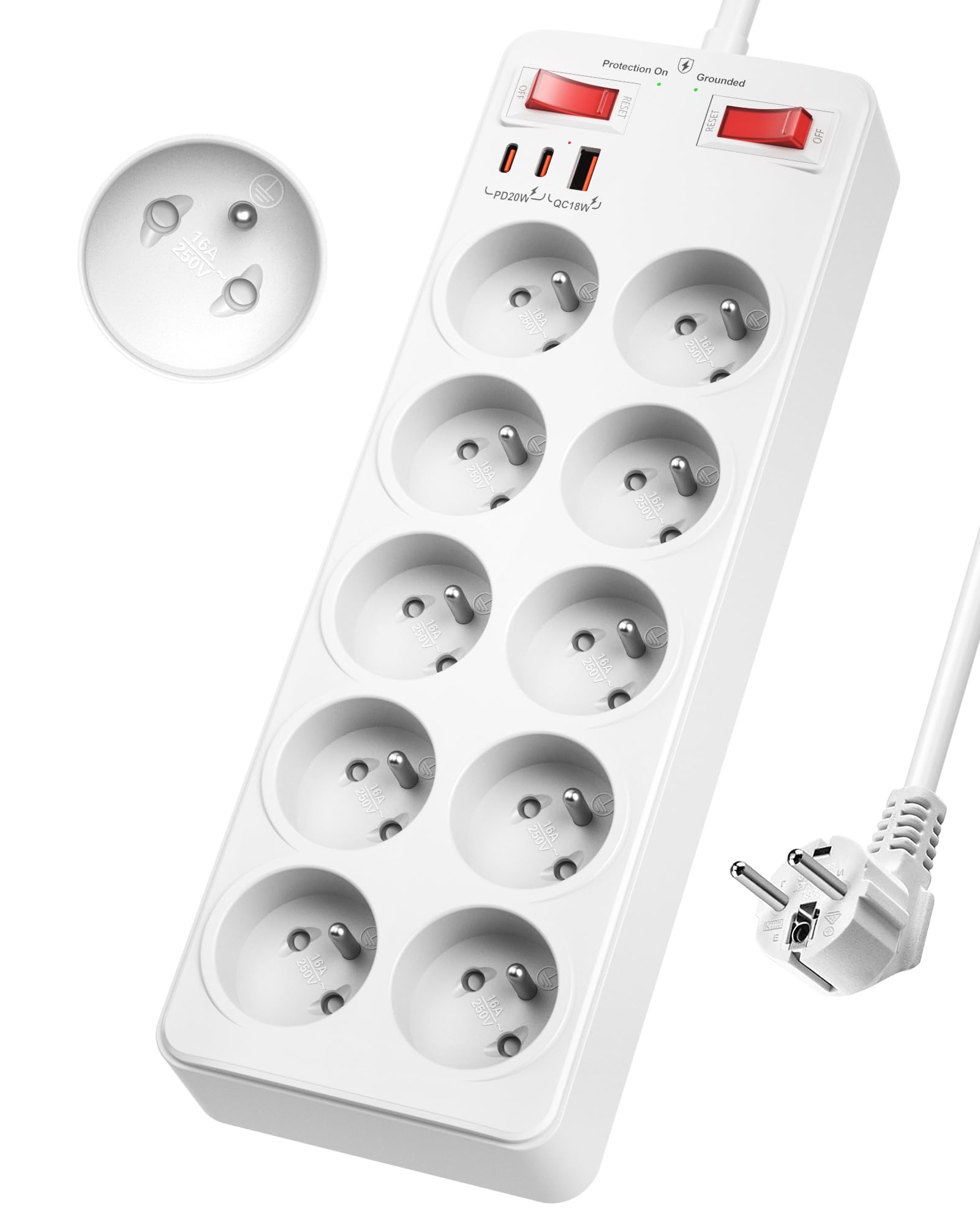 Multiprise USB C PD20W Blanc pour Ordinateur Portable avec Parasurtenseur et Terre